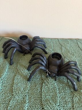 Halloween Resin Black Spider 🕷️ Tea Light Candle Holders Set of 2 NEW!